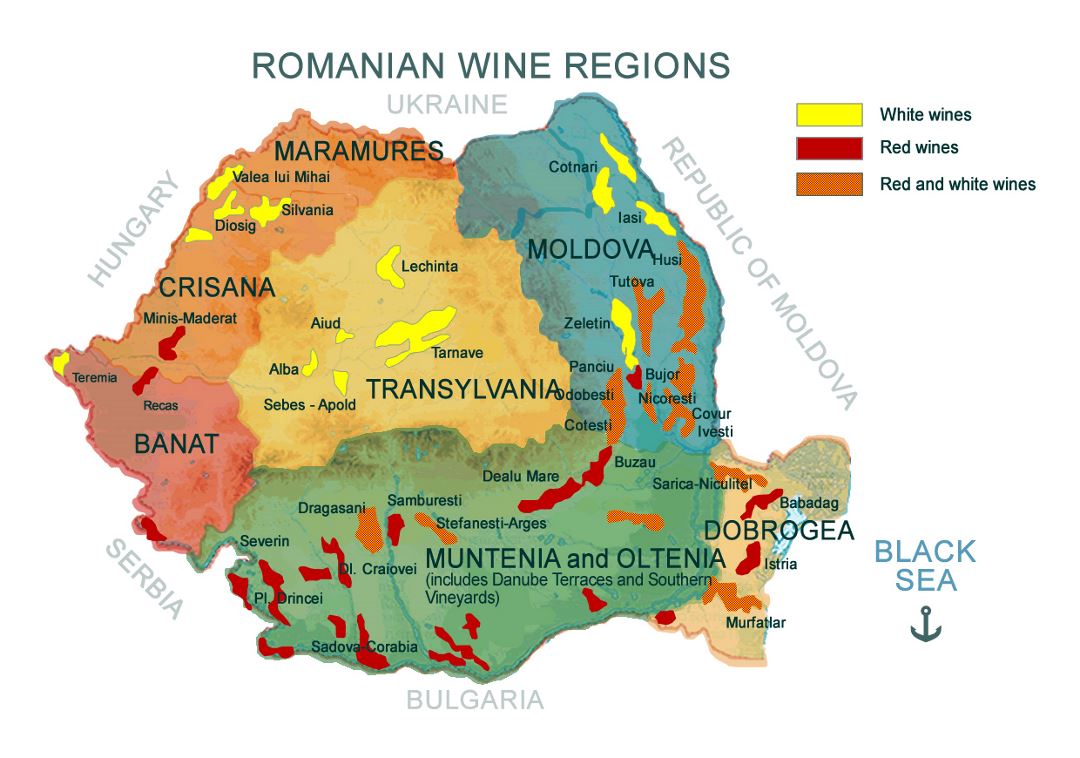 Grande mapa de regiones vinícolas Rumanos
