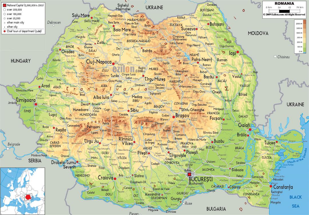 Grande mapa físico de Rumania con carreteras, ciudades y aeropuertos