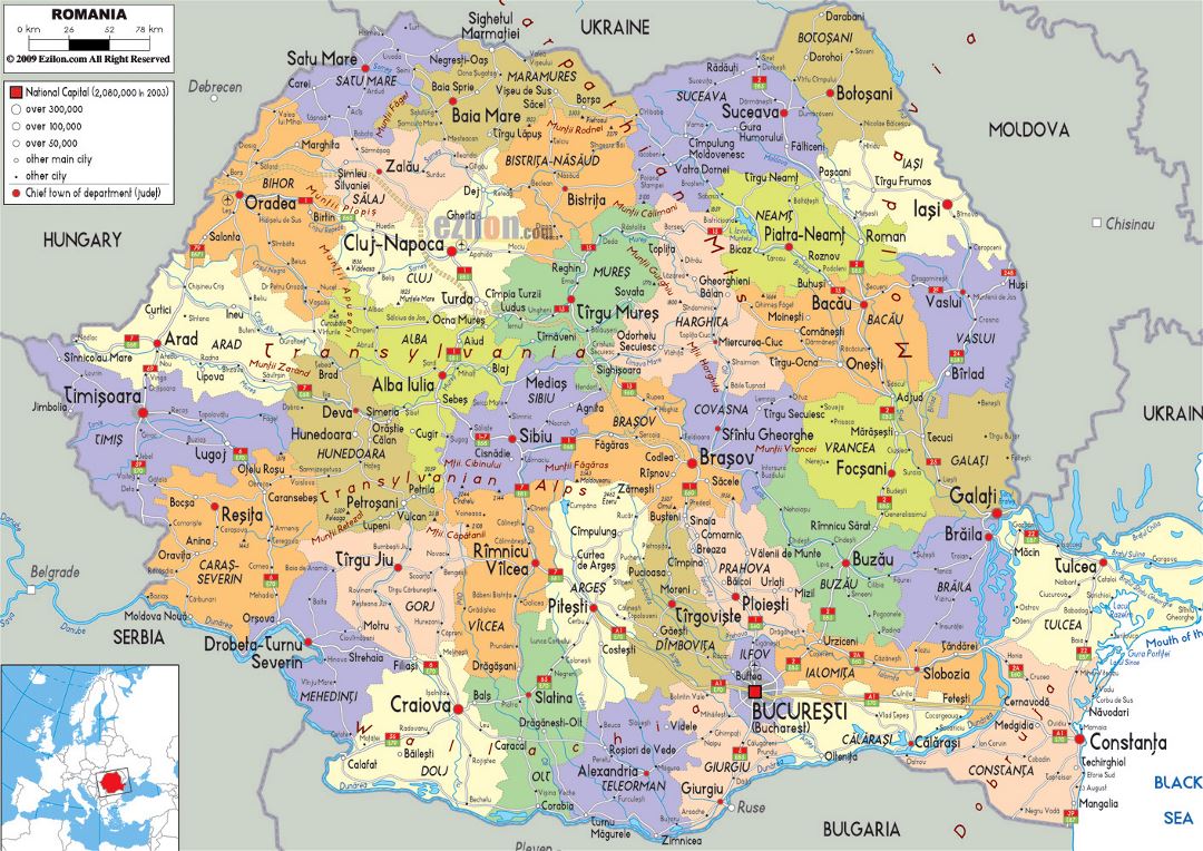 Grande mapa político y administrativo de Rumania con carreteras, ciudades y aeropuertos