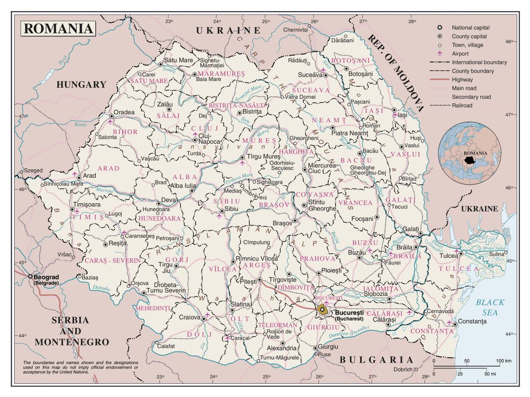 Grande mapa político y administrativo de Rumania con carreteras, ferrocarriles, aeropuertos y principales ciudades