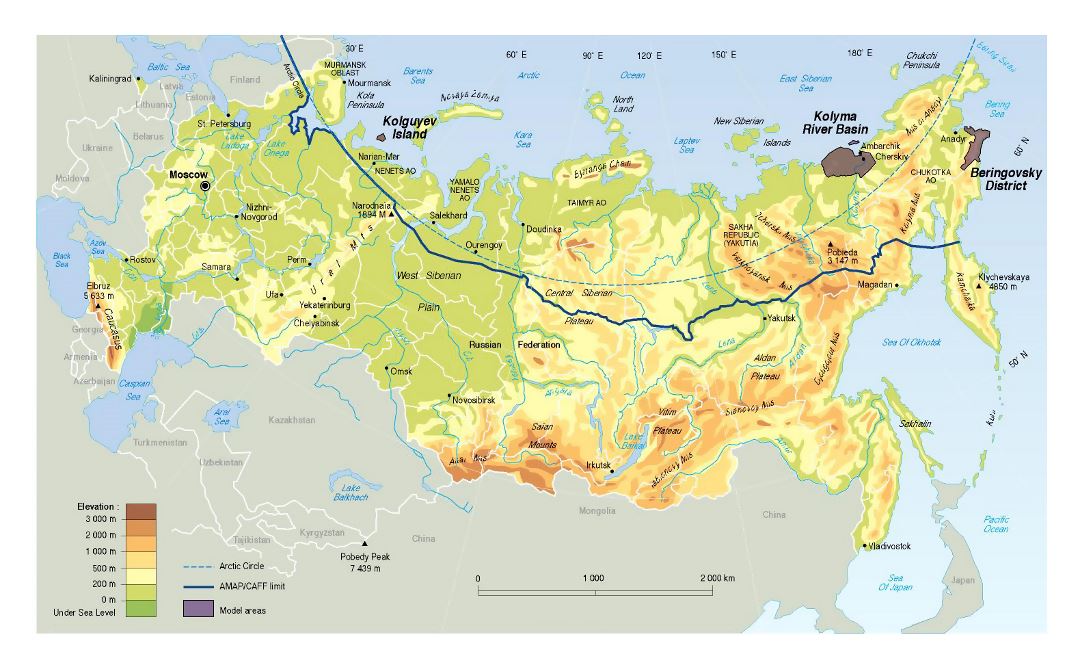 Detallado mapa de elevación de Rusia