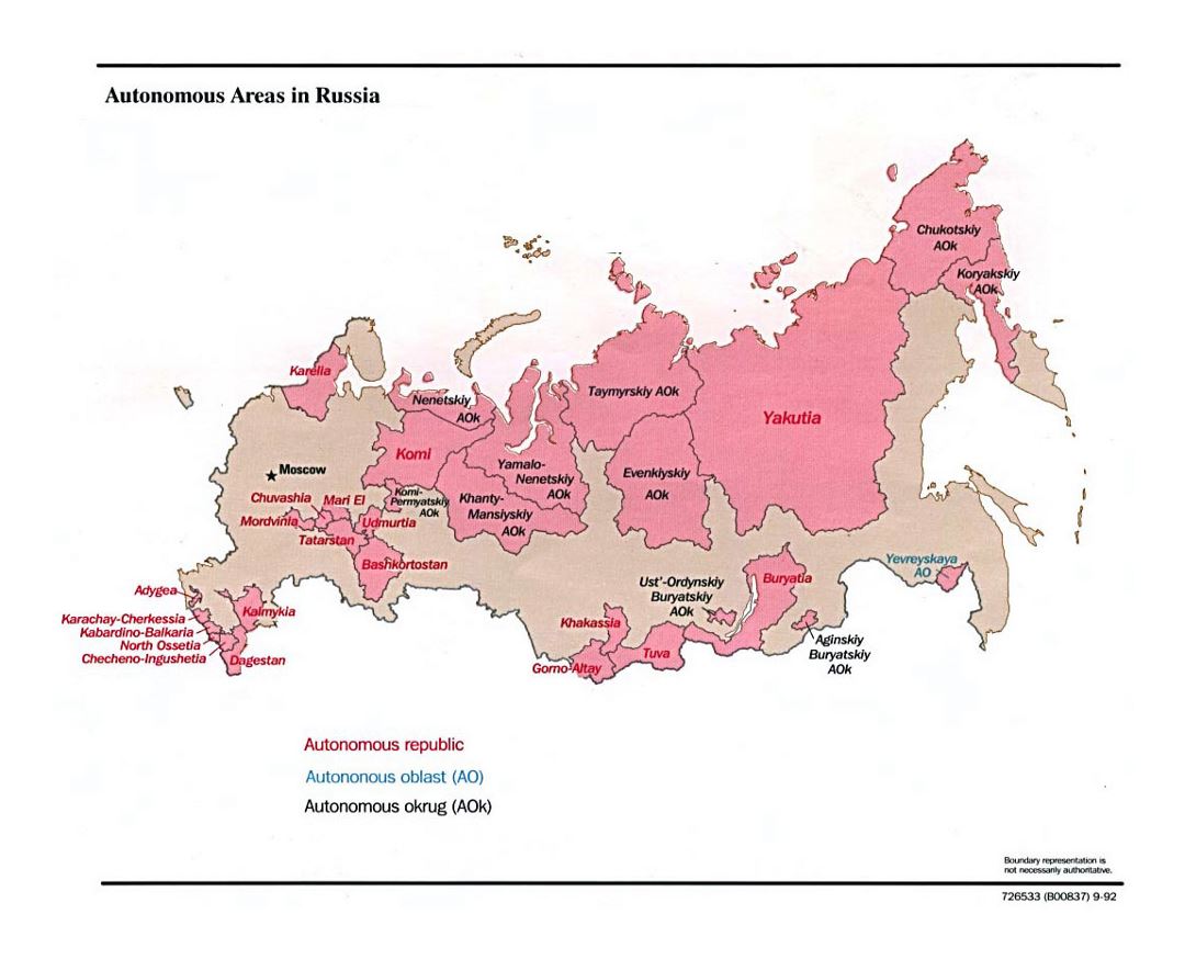 Detallado mapa de zonas autónomas en Rusia - 1992