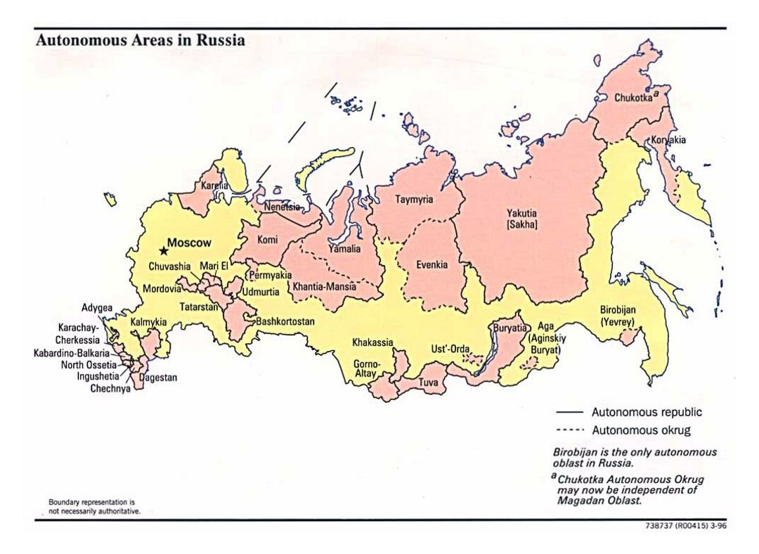 Detallado mapa de zonas autónomas en Rusia - 1996
