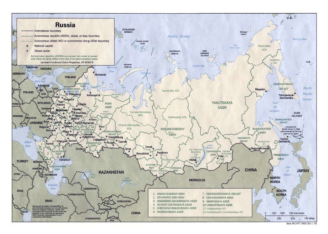 Grande administrativas divisiones mapa de Rusia - 1992
