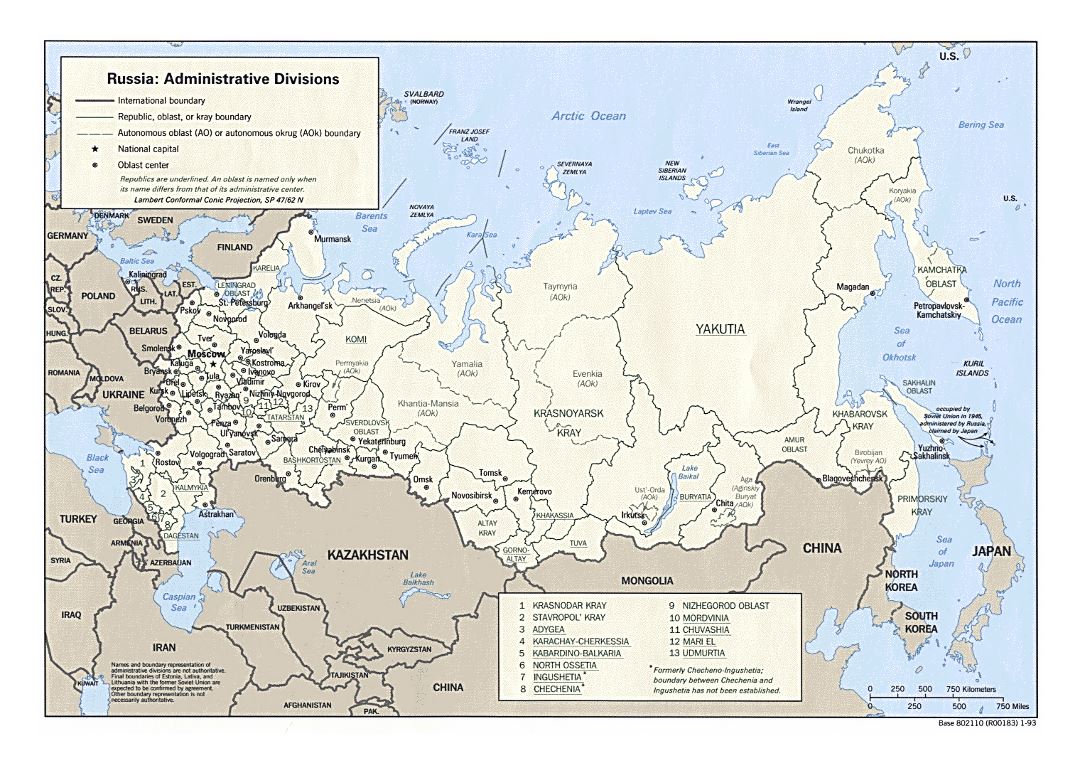 Grande administrativas divisiones mapa de Rusia - 1993