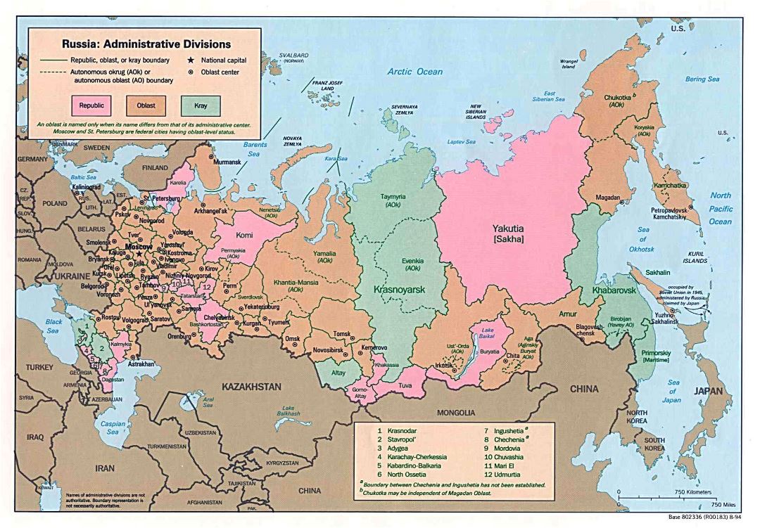 Grande administrativas divisiones mapa de Rusia - 1994