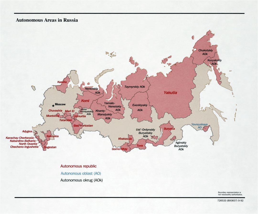 Grande detallado mapa de zonas autónomas de Rusia - 1992