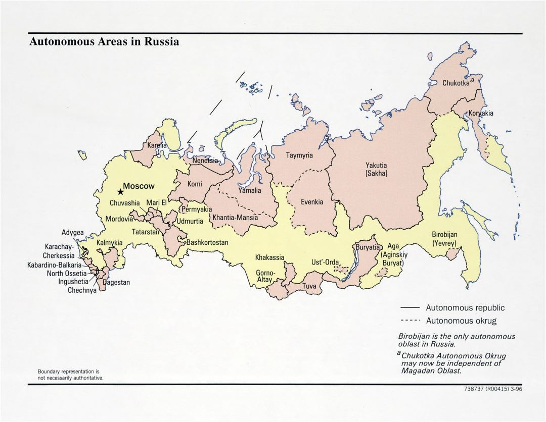 Grande detallado mapa de zonas autónomas de Rusia - 1996