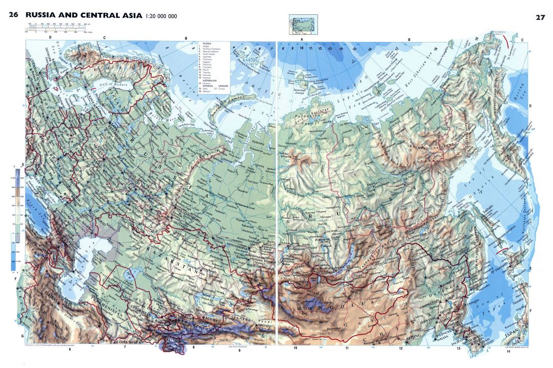 Grande detallado mapa físico de Rusia