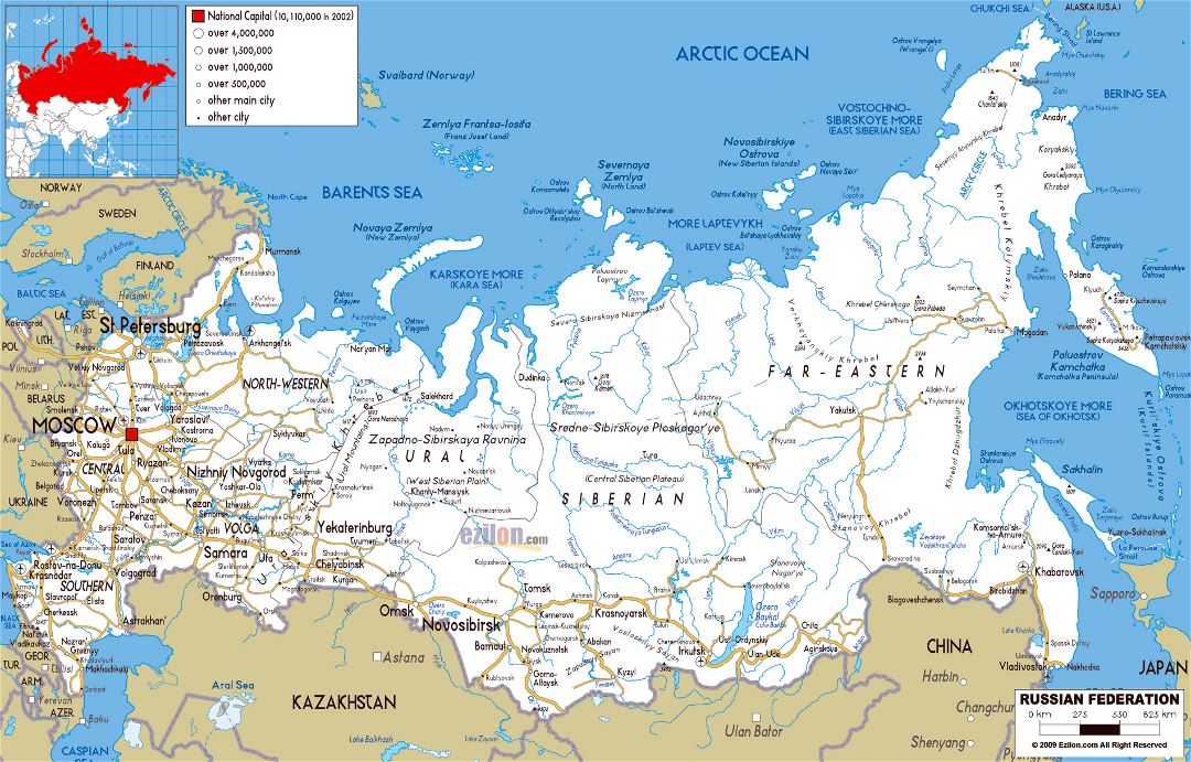 Grande hoja de ruta de Rusia con ciudades y aeropuertos