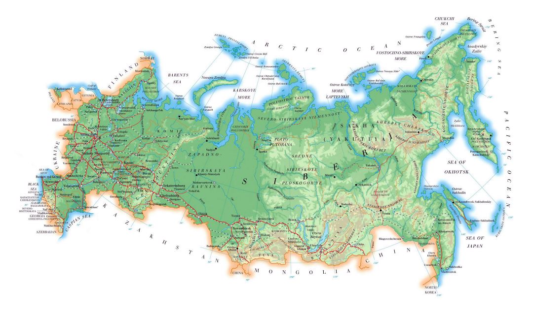 Grande mapa de elevación de Rusia con carreteras, principales ciudades y aeropuertos