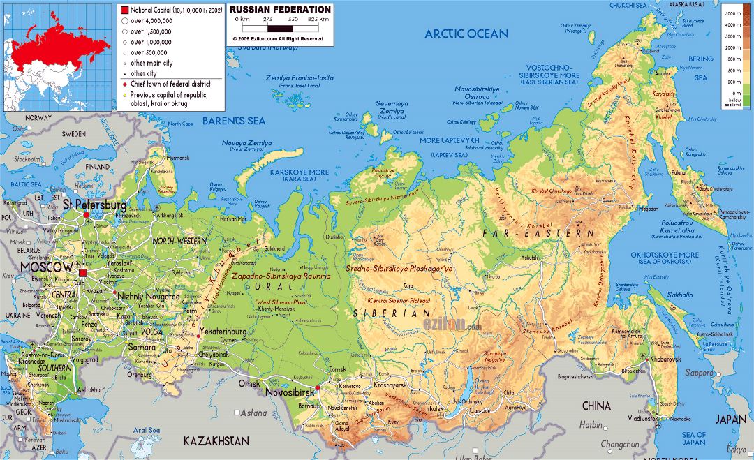 Grande mapa físico de Rusia con carreteras, ciudades y aeropuertos