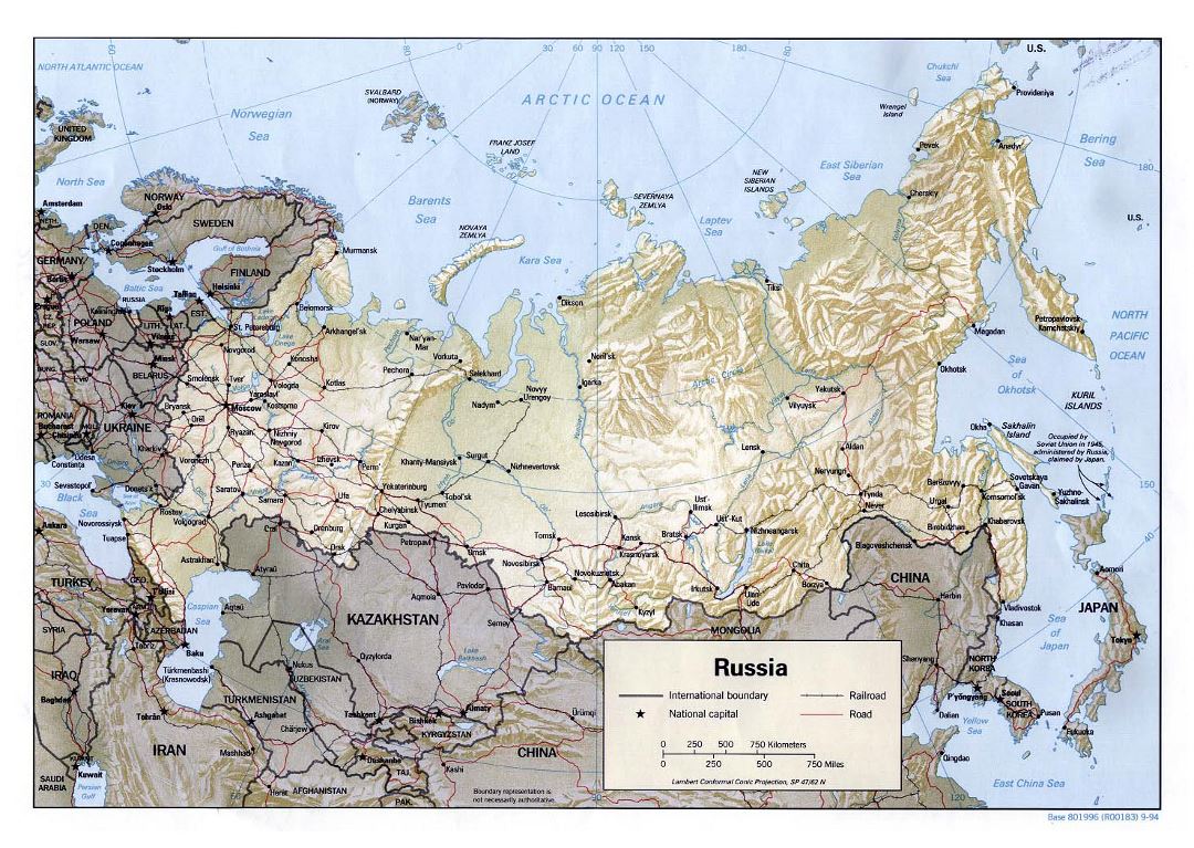 Grande mapa político de Rusia con relieve, carreteras, ferrocarriles y ciudades importantes - 1994