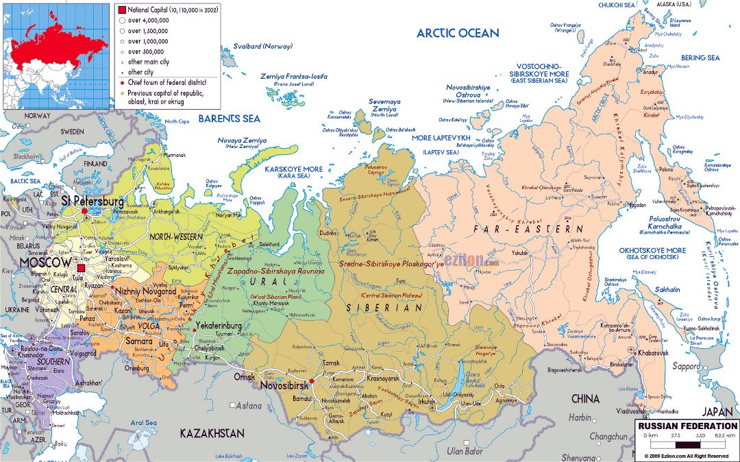 Grande mapa político y administrativo de Rusia con carreteras, ciudades y aeropuertos