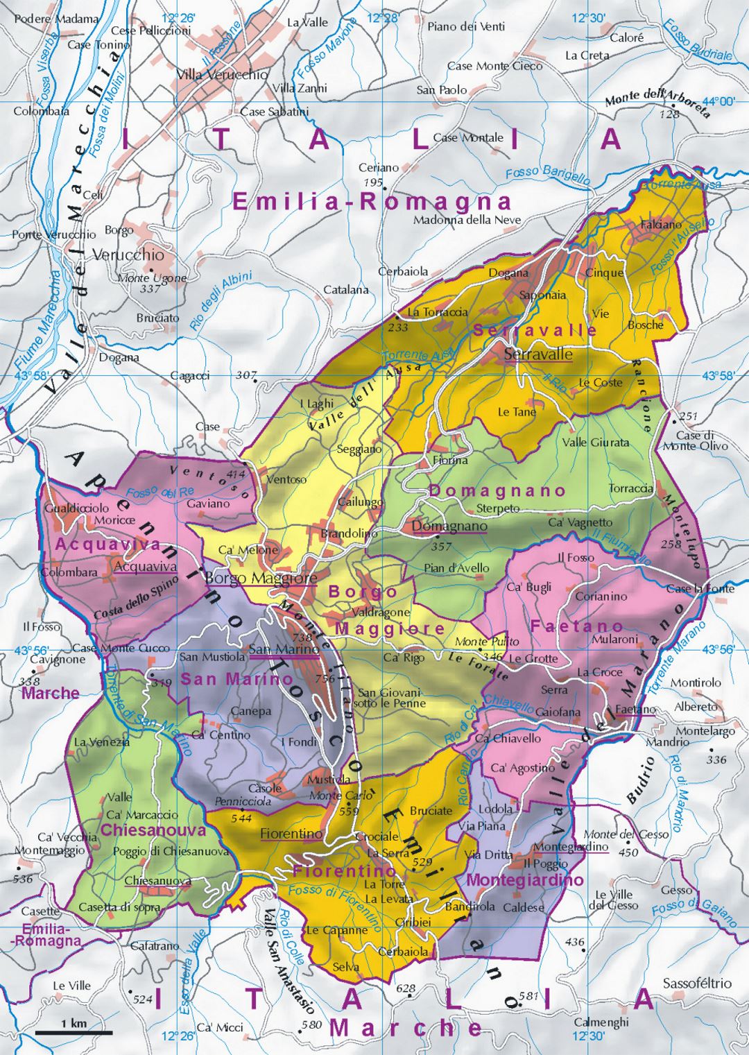 Detallado administrativo mapa de San Marino con relieve