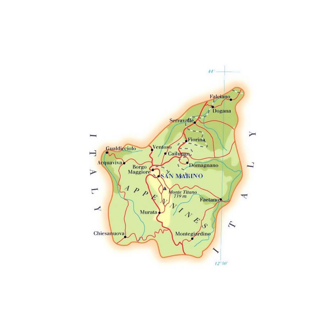Detallado mapa de elevación de San Marino con carreteras y ciudades