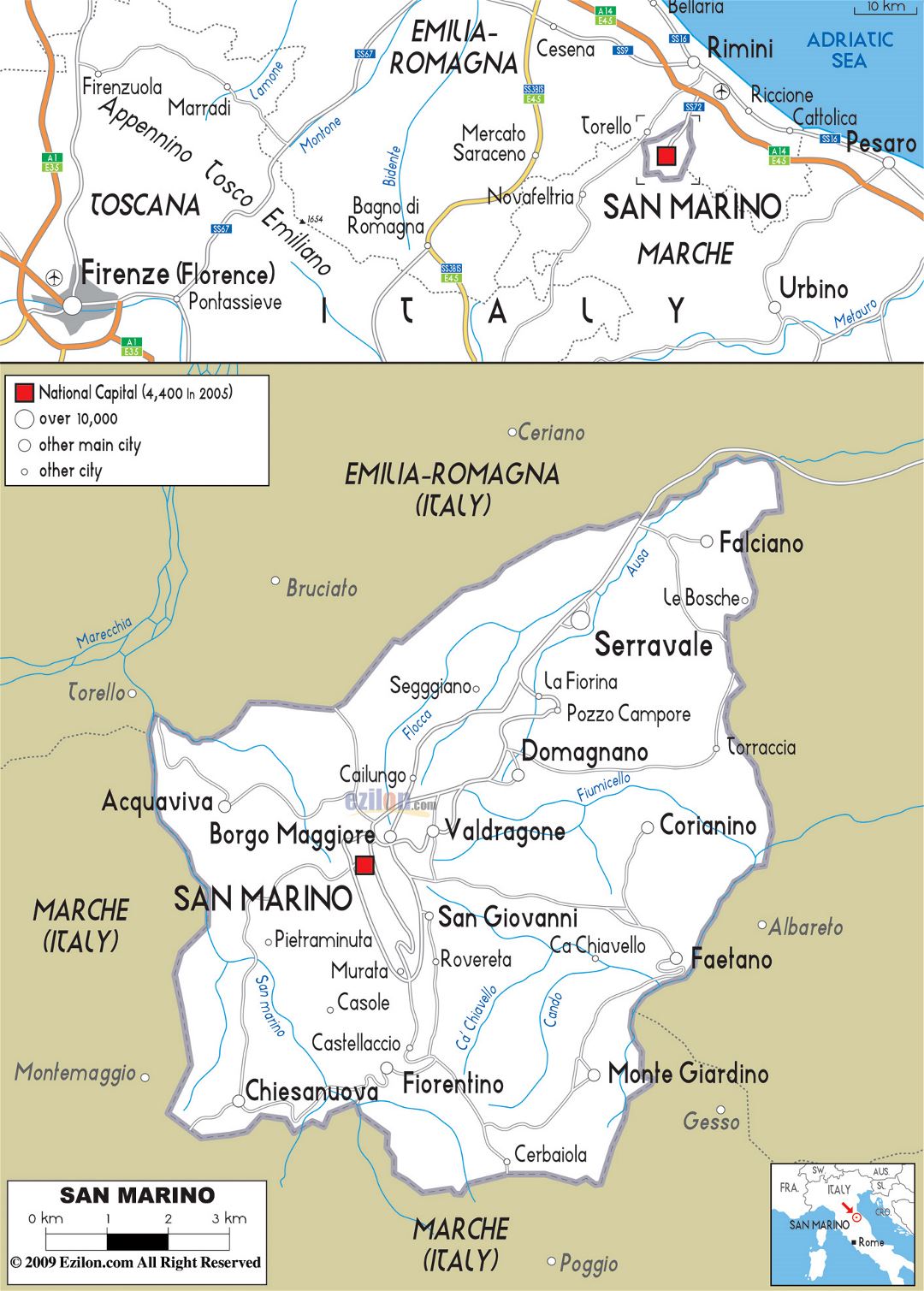 Grande hoja de ruta de San Marino con ciudades