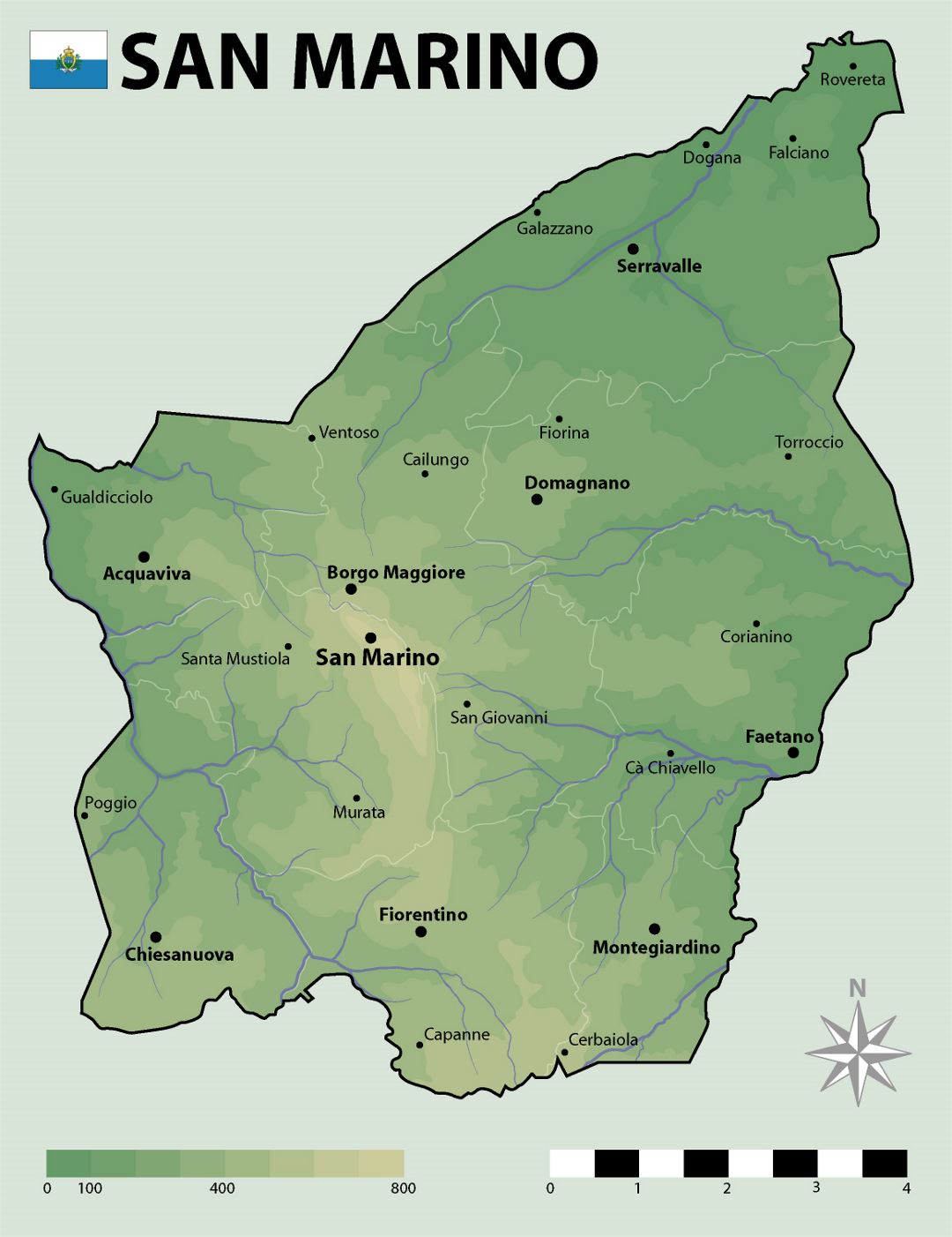 Grande mapa de elevación de San Marino con ciudades