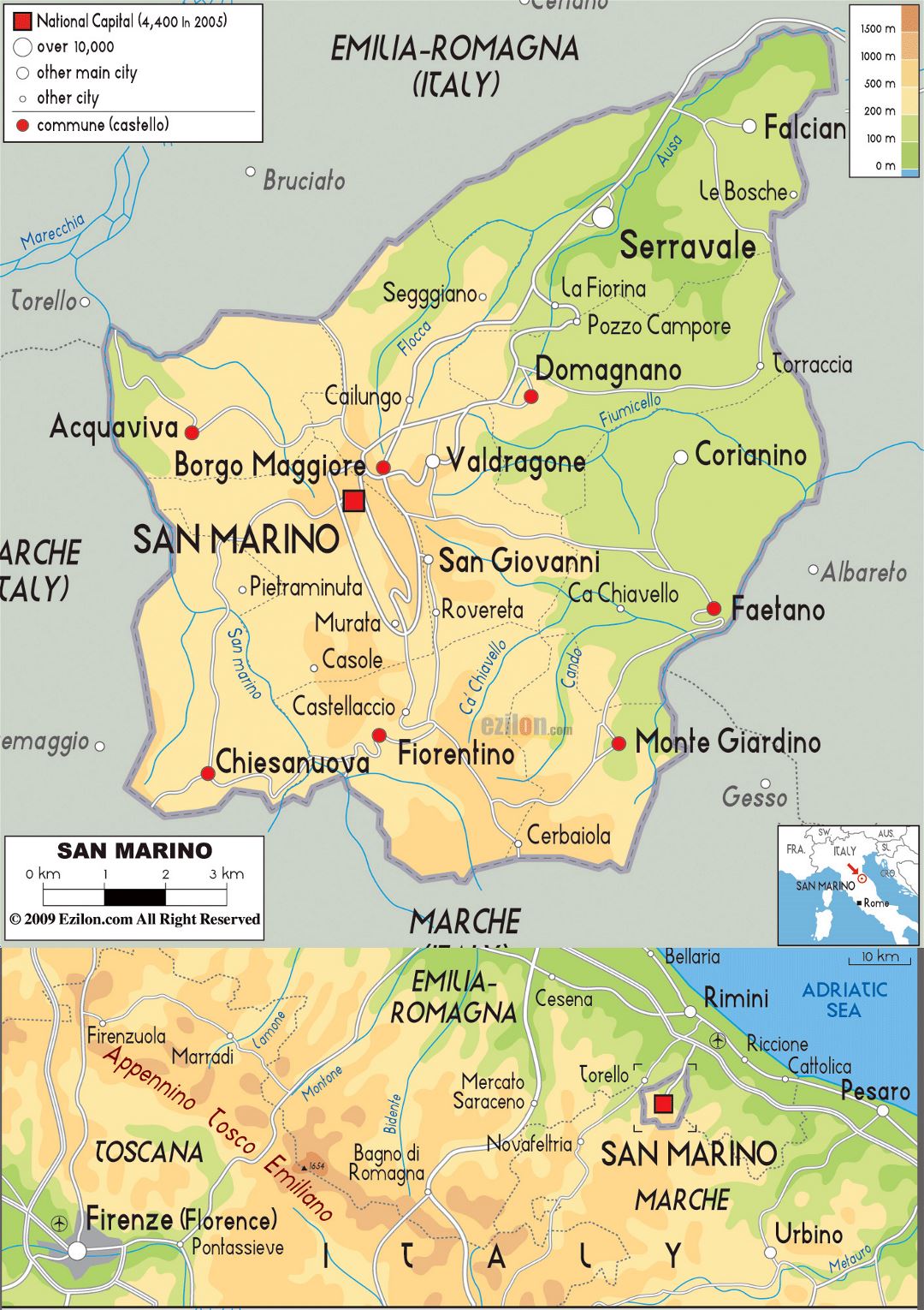 Grande mapa físico de San Marino con carreteras y ciudades