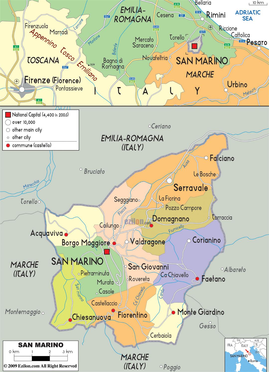 Grande mapa político y administrativo de San Marino con carreteras y ciudades