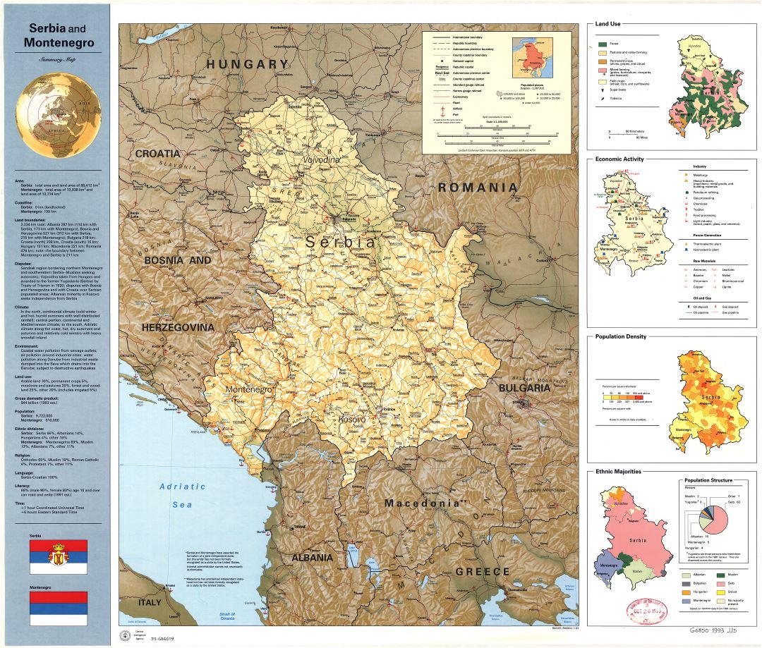 A gran escala detallado mapa resumido de Serbia y Montenegro - 1993