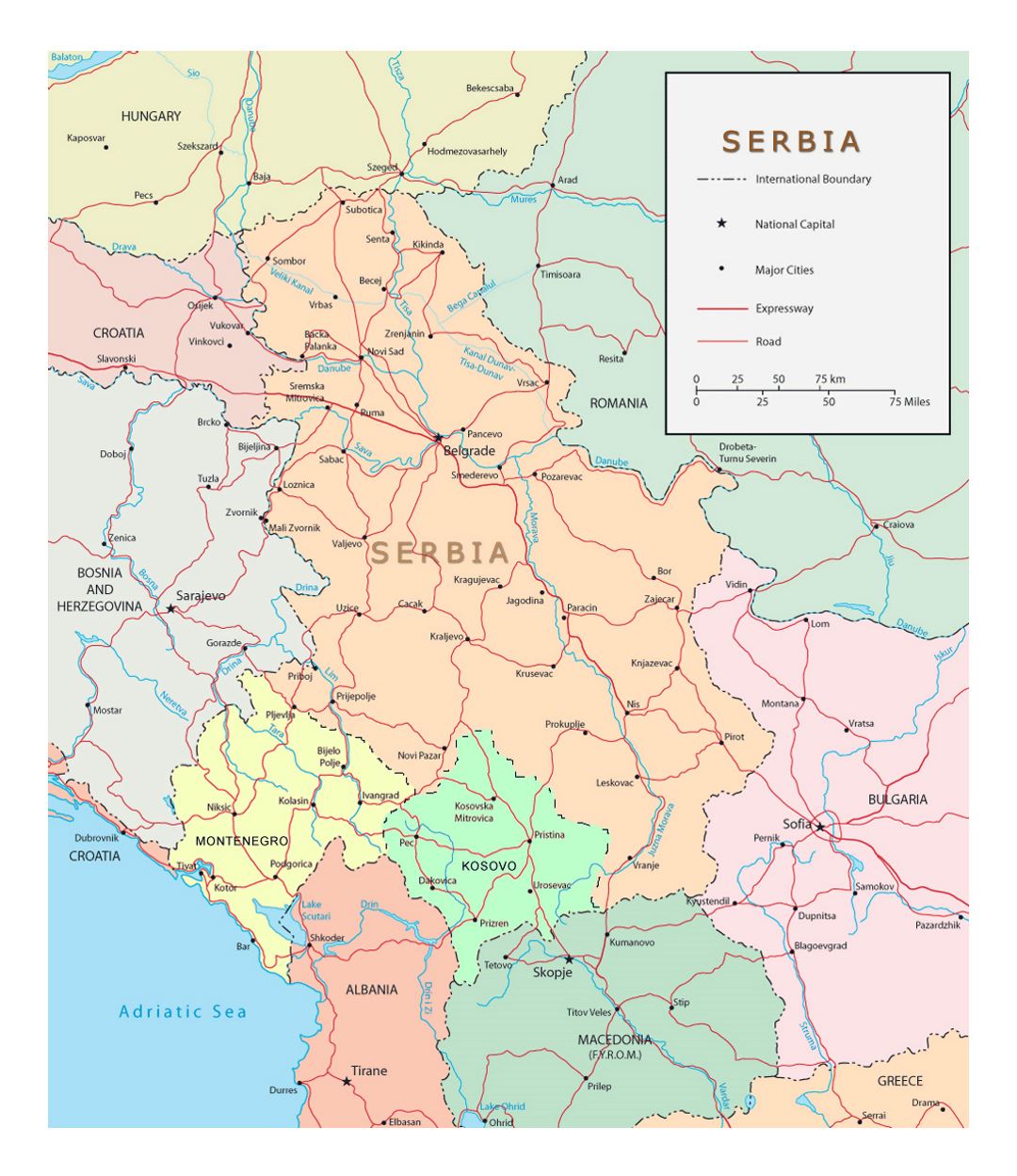 Detallado mapa político de Serbia con carreteras y ciudades importantes