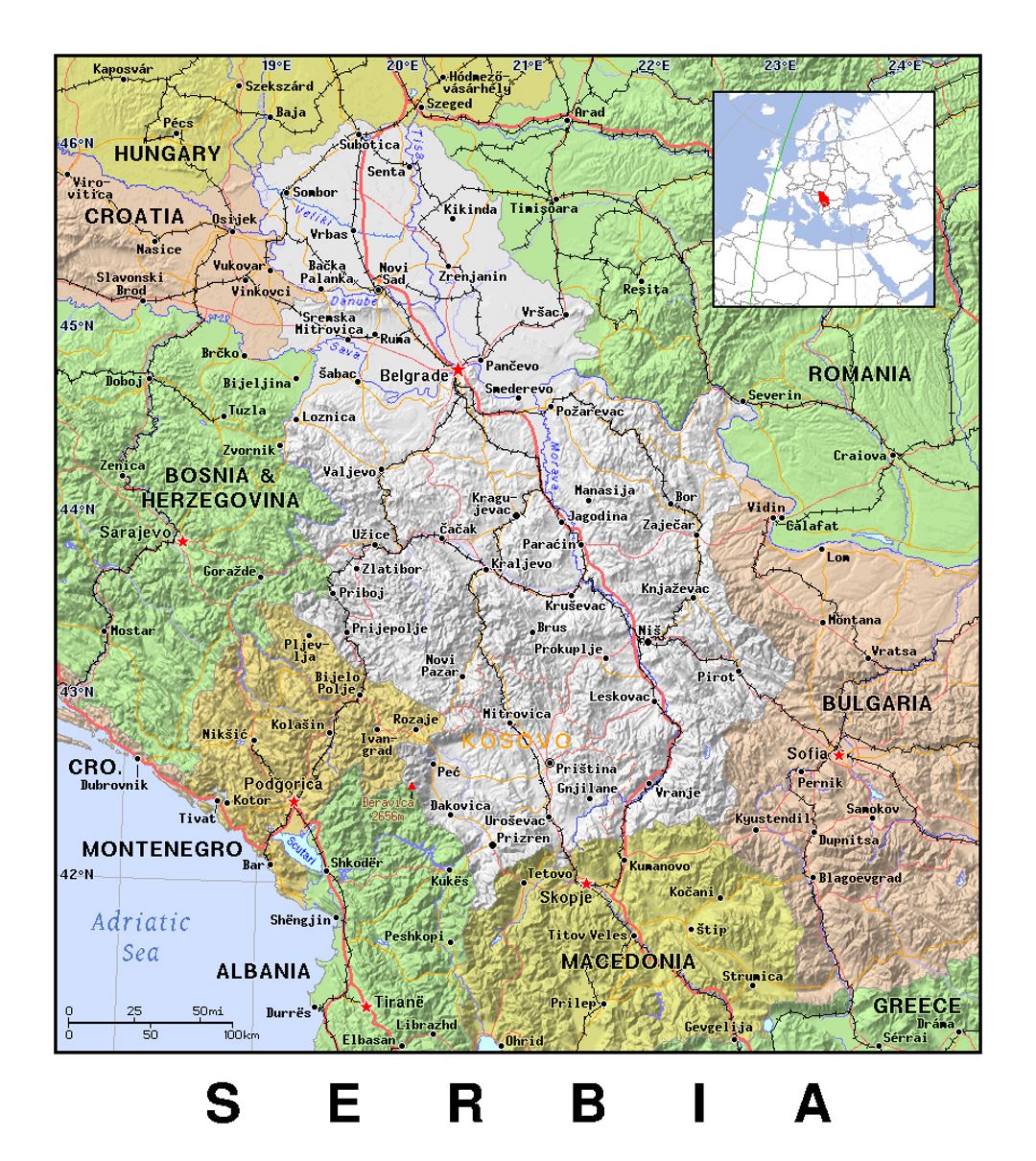 Detallado mapa político de Serbia con relieve