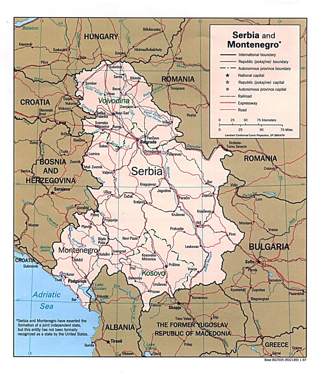 Detallado mapa político de Serbia y Montenegro - 1997