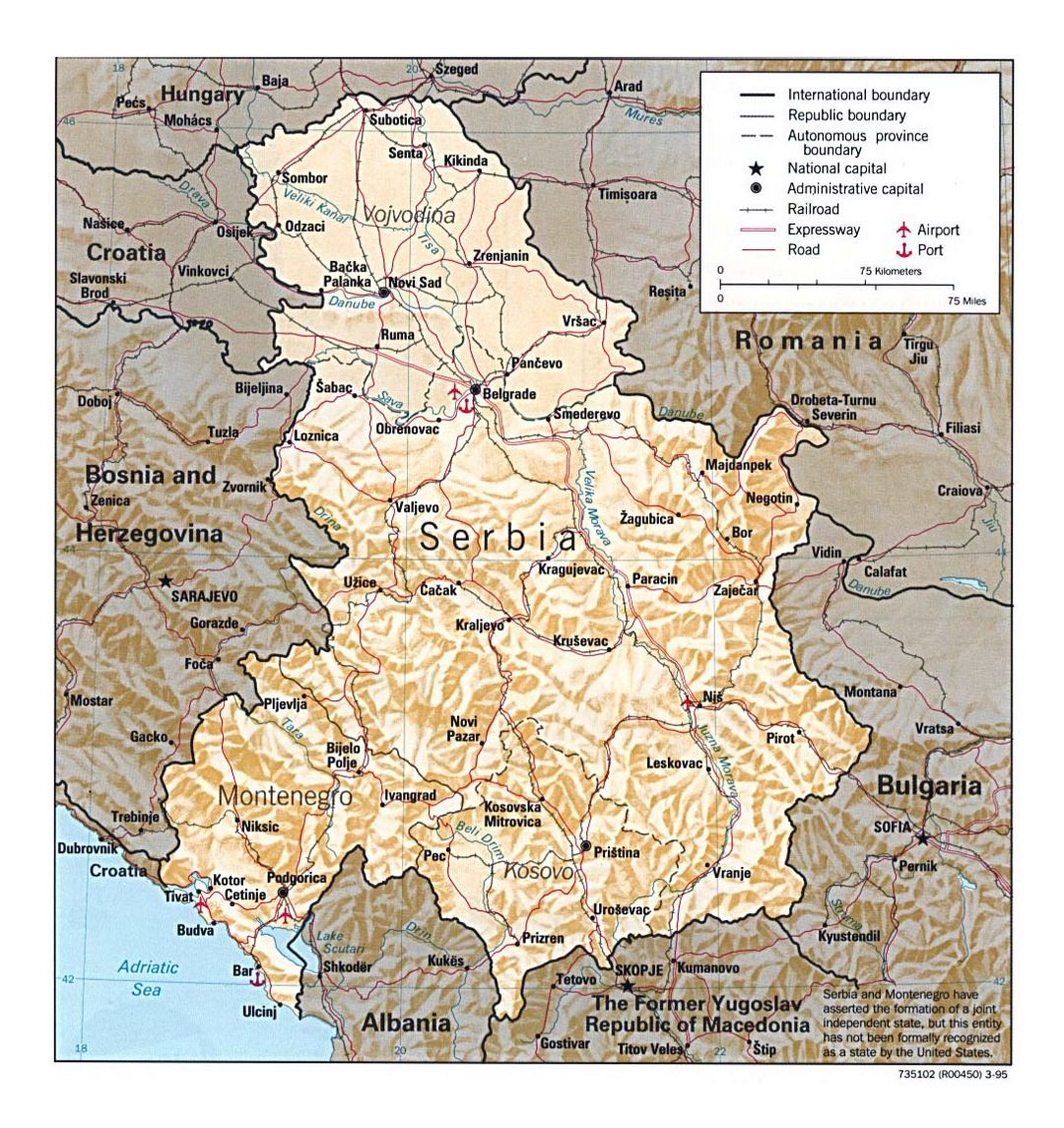 Detallado mapa político de Serbia y Montenegro con relieve, carreteras, ferrocarriles y principales ciudades - 1995
