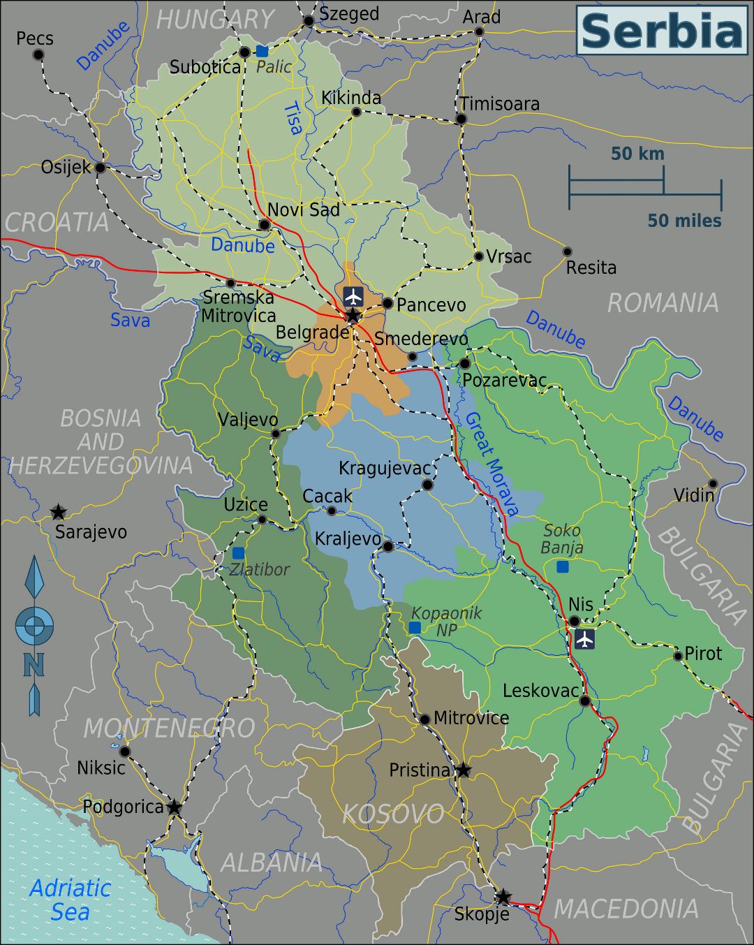 Grande mapa de regiones de Serbia