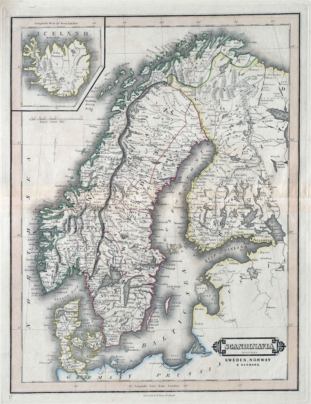 A gran escala antiguo mapa político de Suecia, Noruega y Dinamarca con carreteras y ciudades