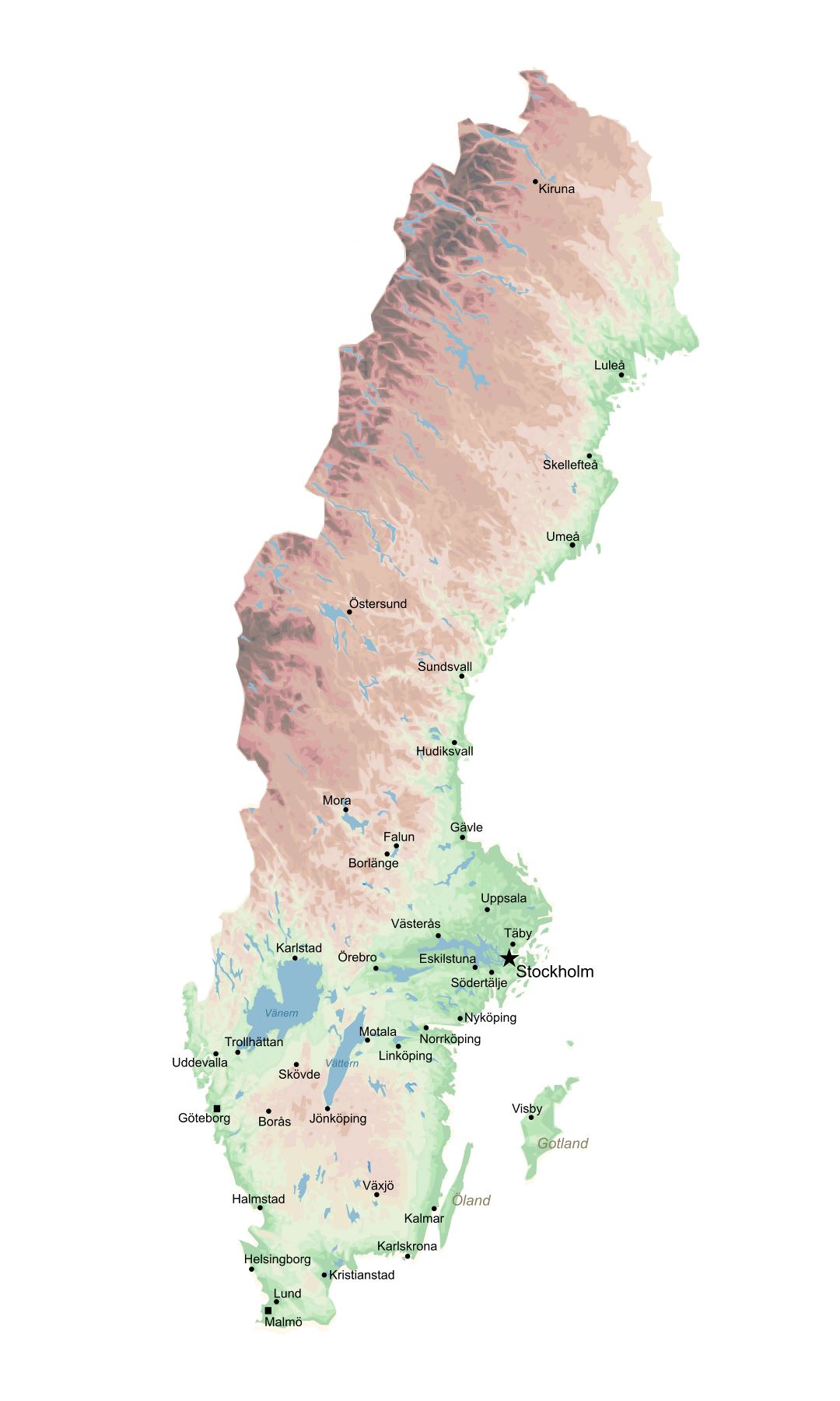A gran escala mapa de elevación de Suecia con las principales ciudades