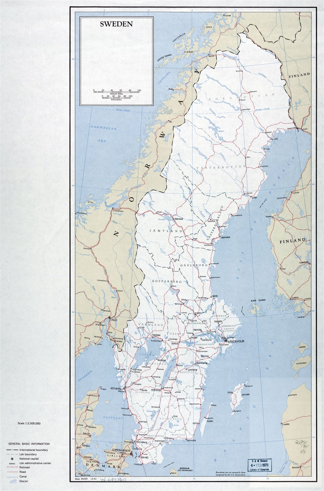 A gran escala mapa político y administrativo de Suecia con carreteras, ferrocarriles y ciudades principales - 1961