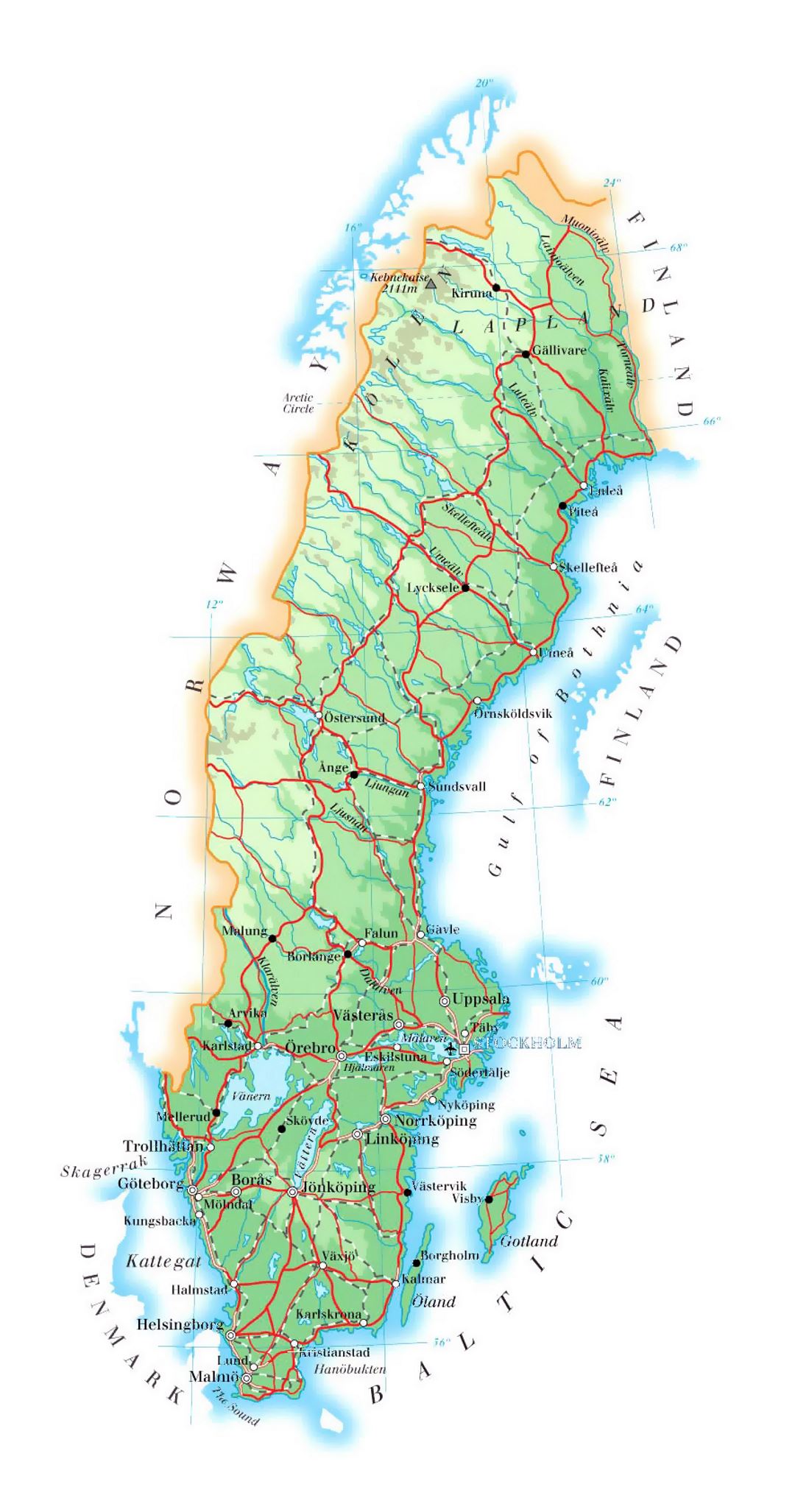 Detallado mapa de elevación de Suecia con carreteras, ciudades y aeropuertos
