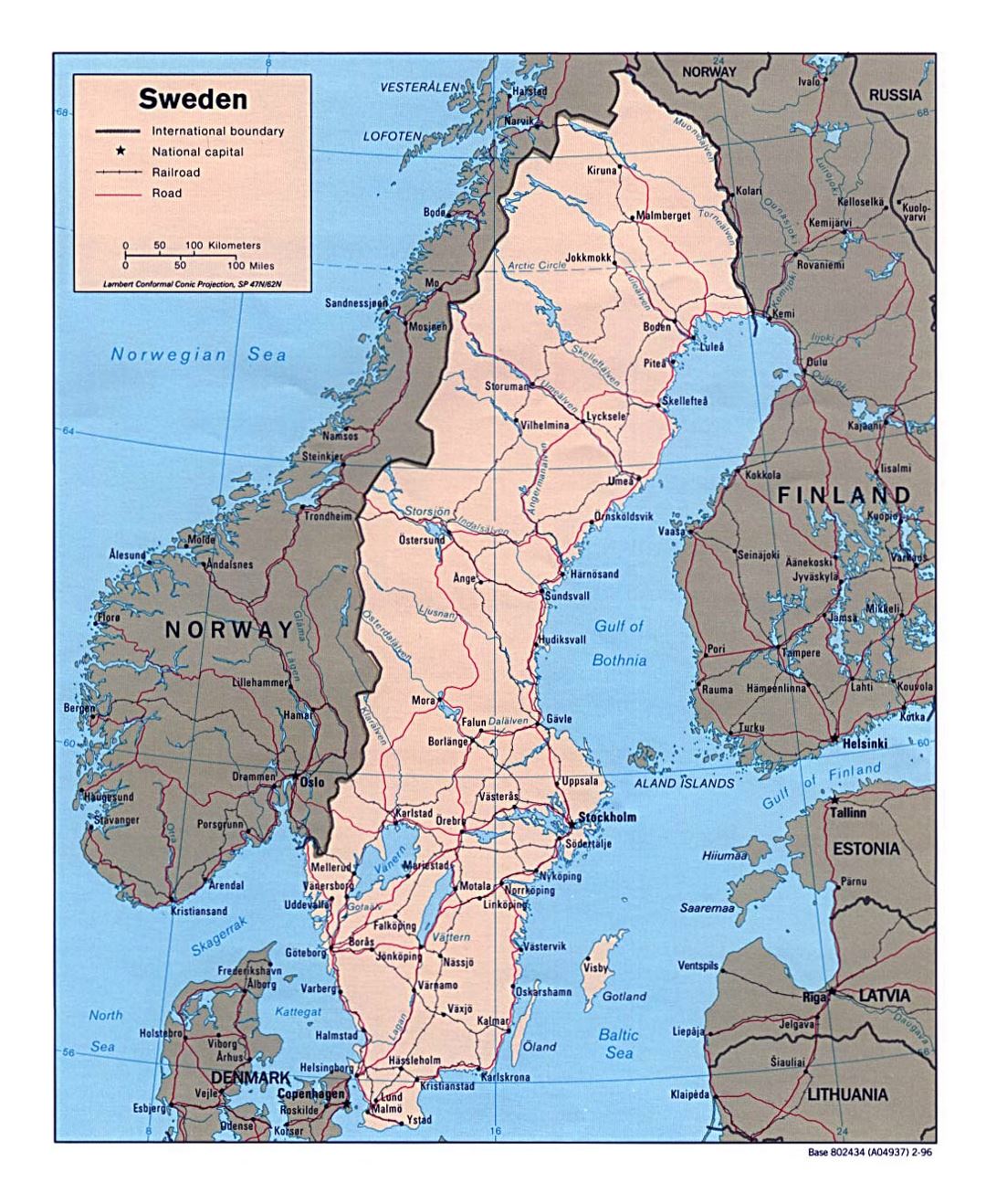 Detallado mapa político de Suecia con carreteras, ferrocarriles y ciudades principales - 1996
