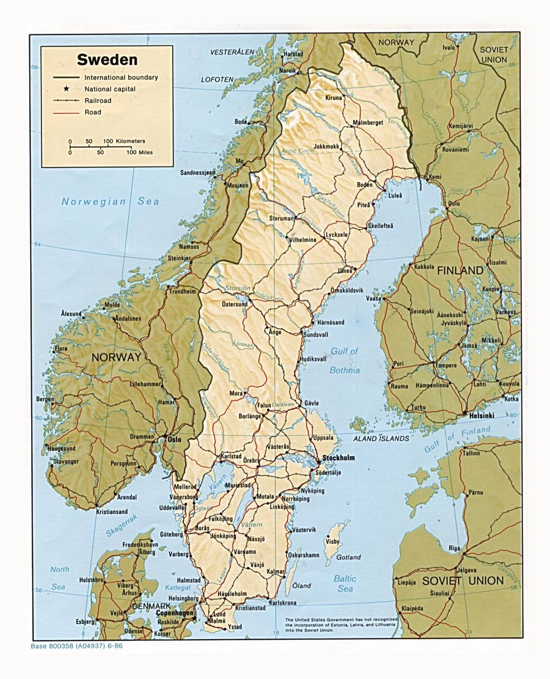 Detallado mapa político de Suecia con relieve, carreteras, ferrocarriles y ciudades principales - 1986