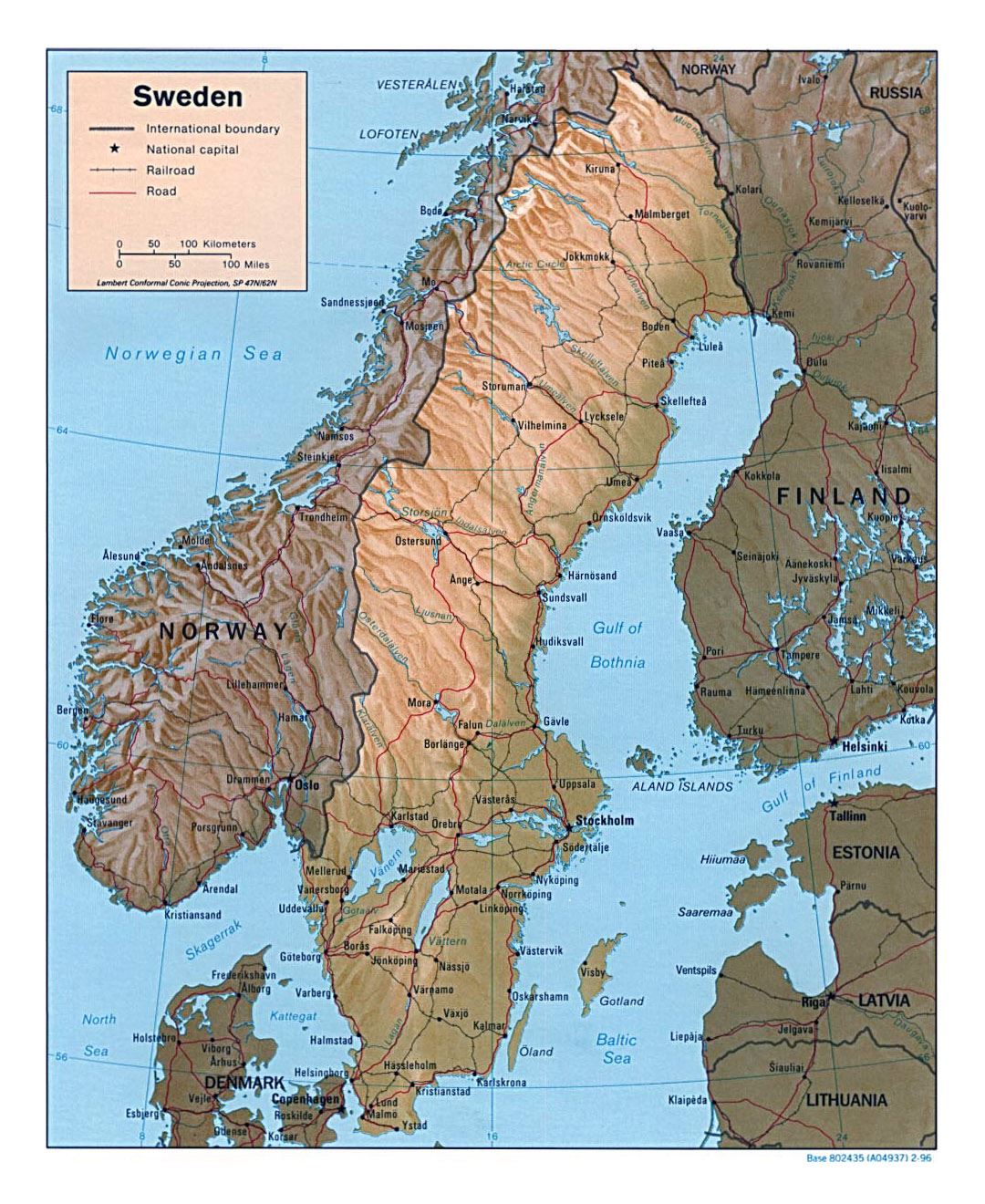Detallado mapa político de Suecia con relieve, carreteras, ferrocarriles y ciudades principales - 1996