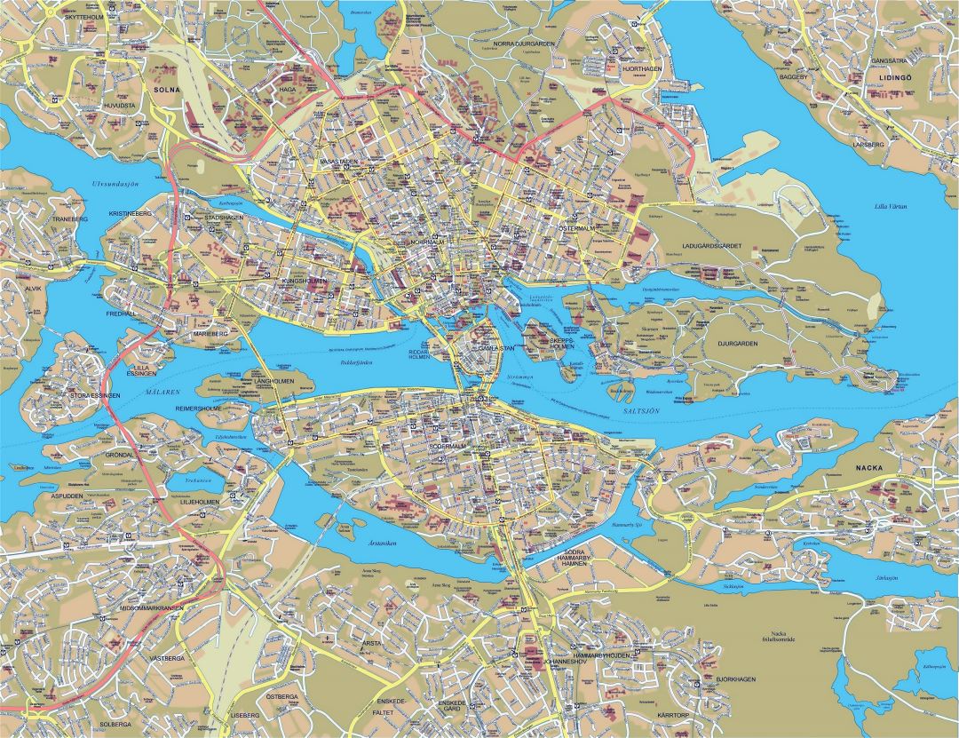 Grande detallado mapa de carreteras de ciudad de Estocolmo con edificios