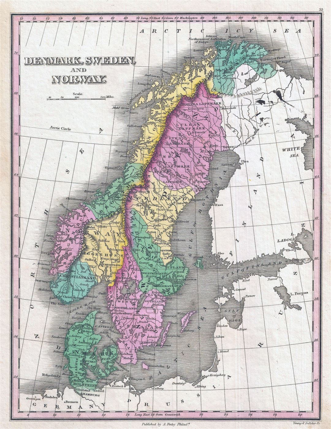 Grande detallado antiguo mapa político y administrativo de Suecia, Noruega y Dinamarca con ciudades - 1827