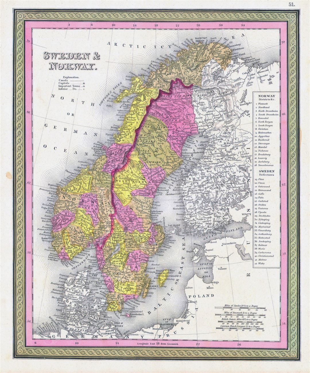 Grande detallado antiguo mapa político y administrativo de Suecia y Noruega con ciudades - 1850