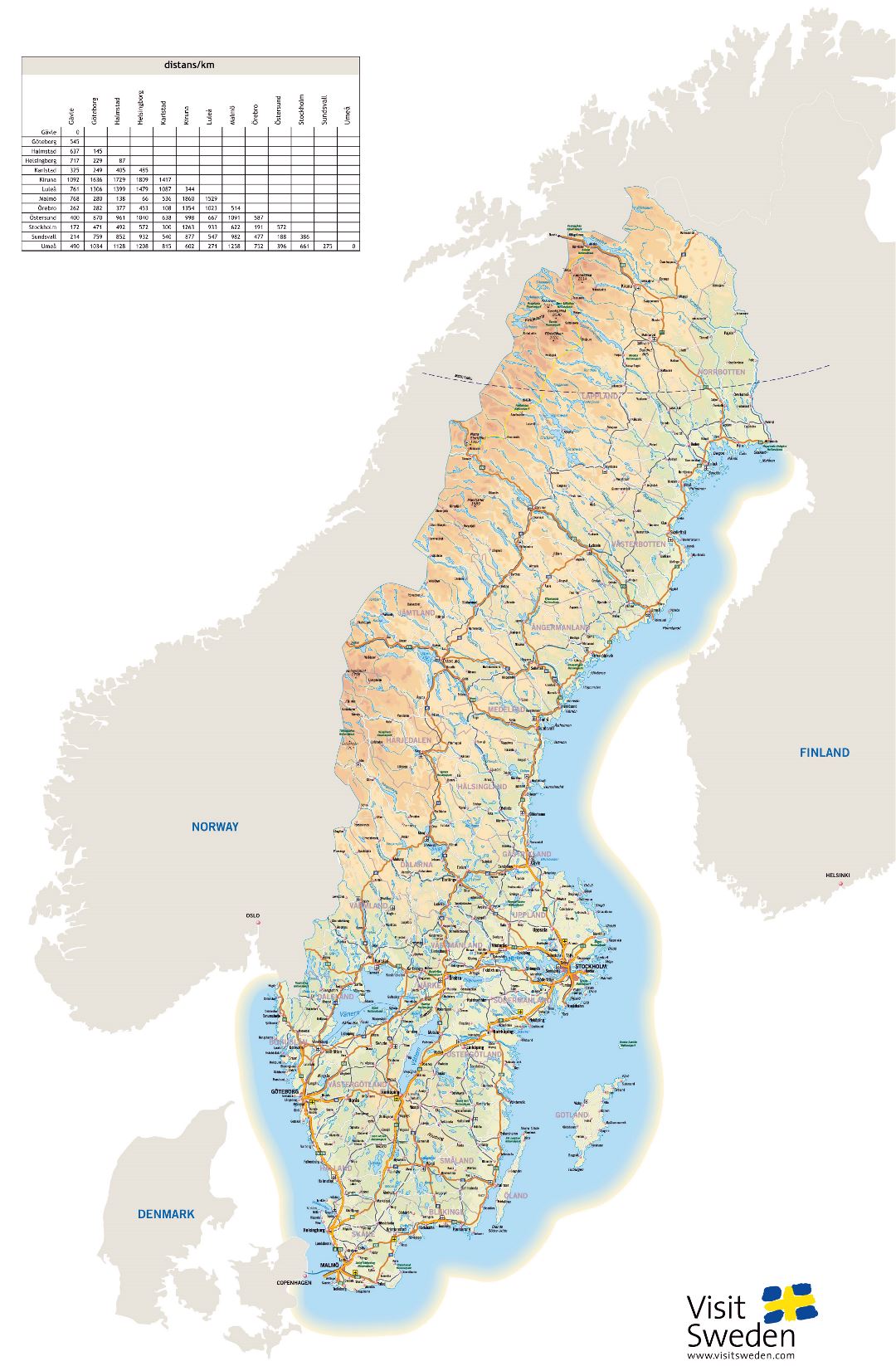 Grande detallado mapa de elevación de Suecia con carreteras, ciudades y aeropuertos