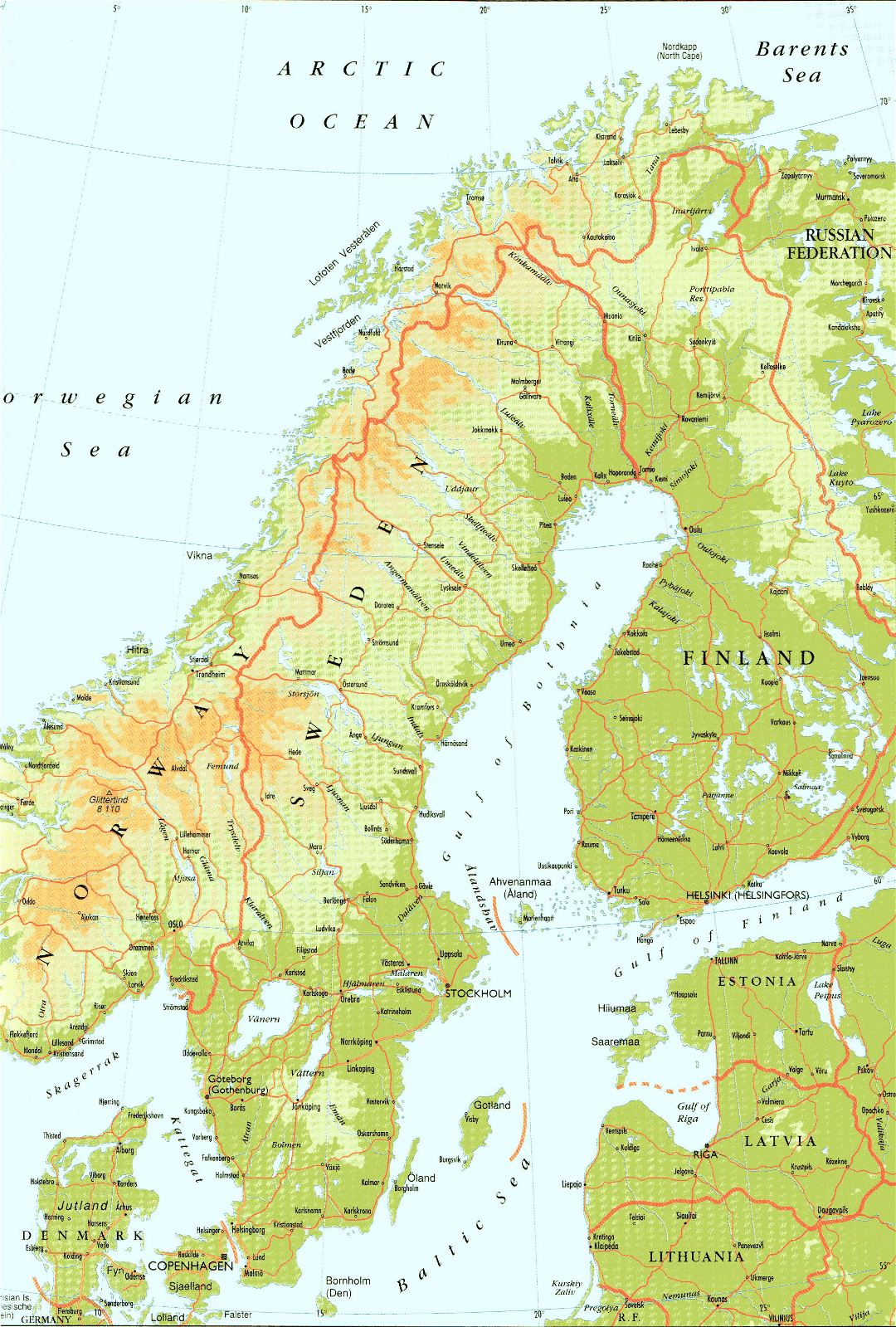 Grande detallado mapa de elevación de Suecia con carreteras y ciudades
