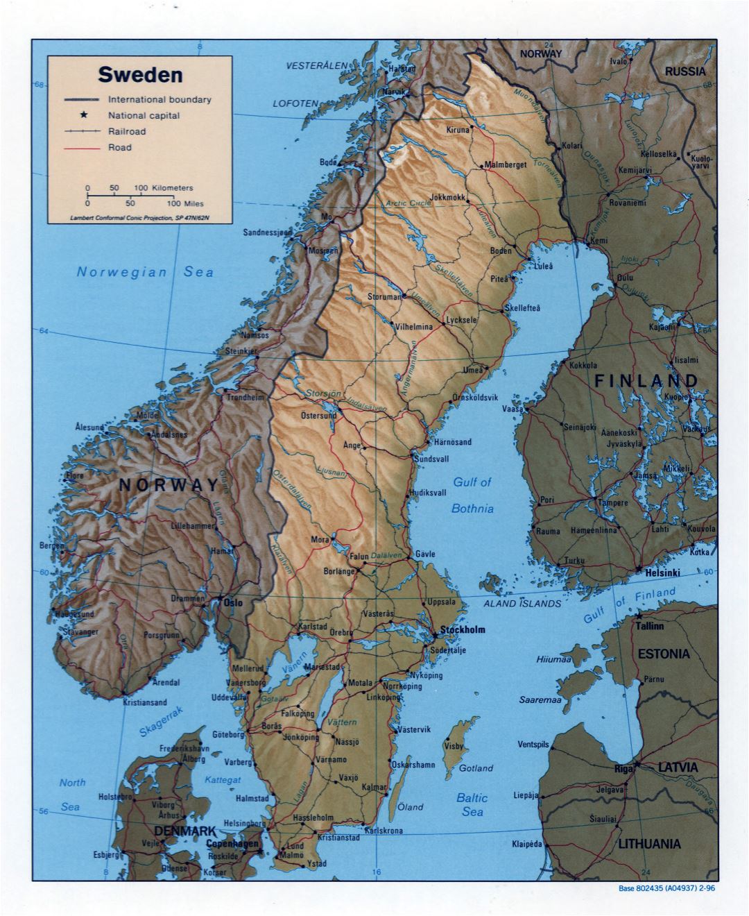 Grande detallado mapa político de Suecia con relieve, carreteras, ferrocarriles y ciudades principales - 1996