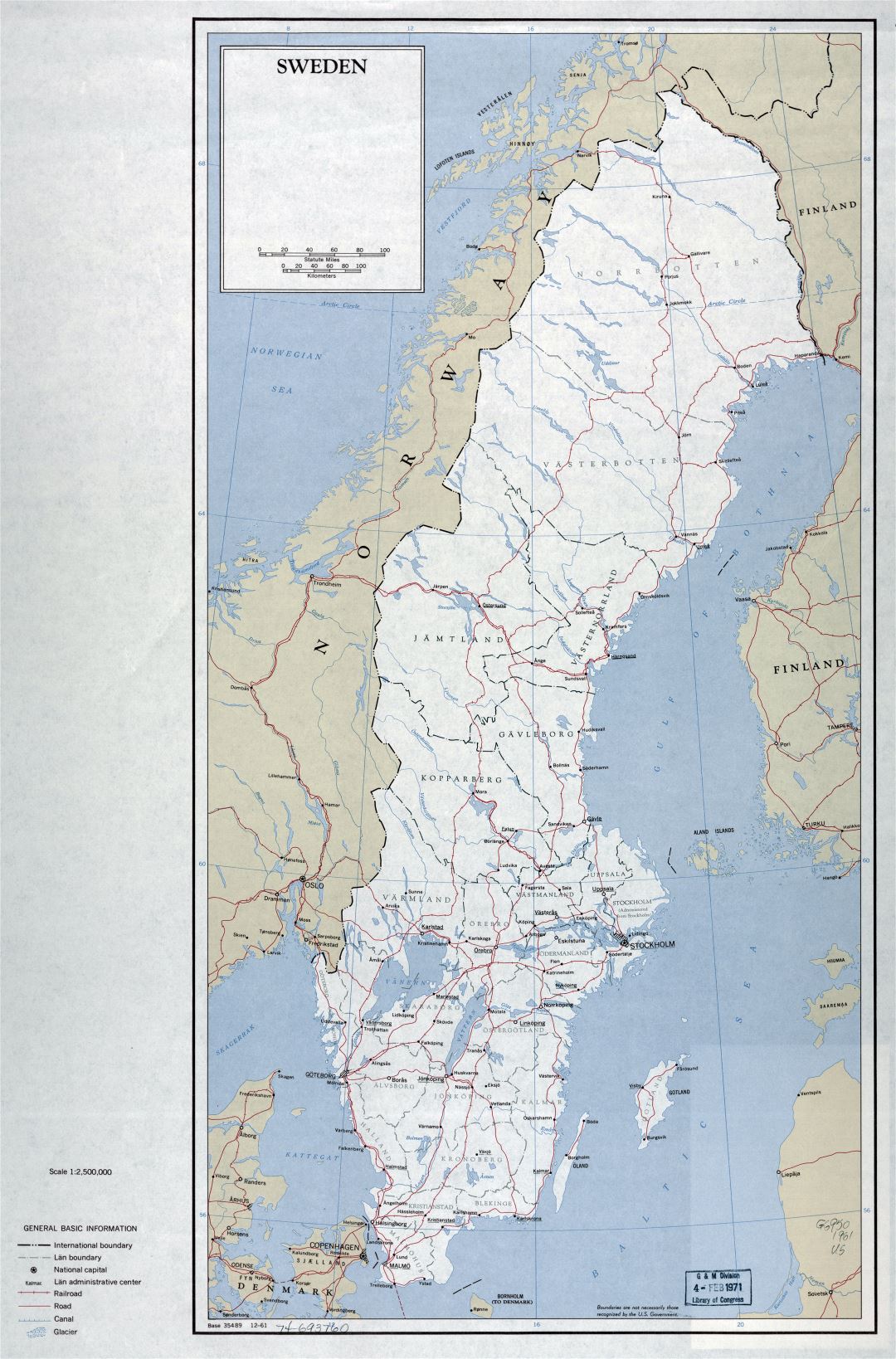 Grande detallado mapa político y administrativo de Suecia con carreteras, ferrocarriles y ciudades principales - 1961