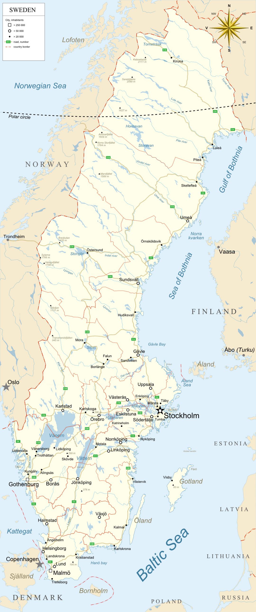 Grande mapa de Suecia con administrativas divisiones, carreteras y grandes ciudades