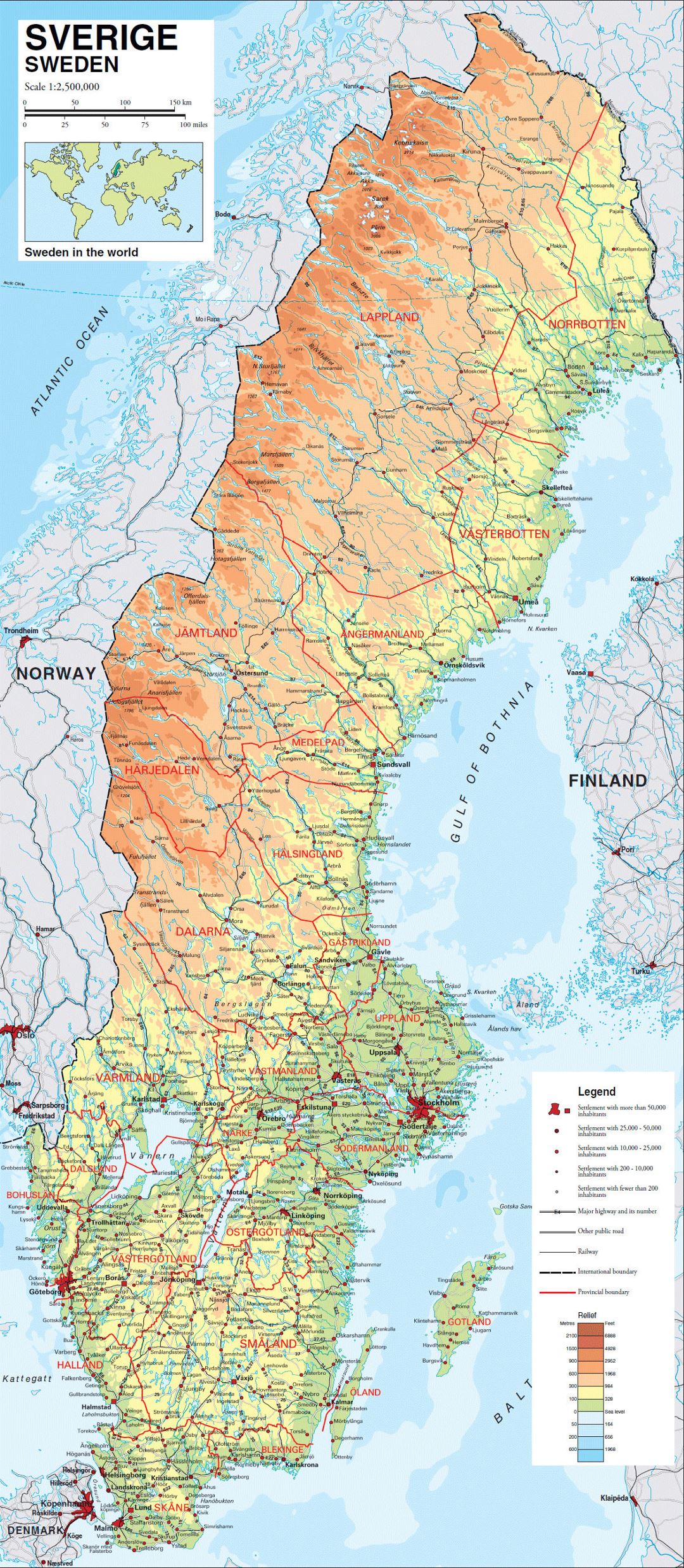Grande mapa físico de Suecia con carreteras, ferrocarriles y ciudades