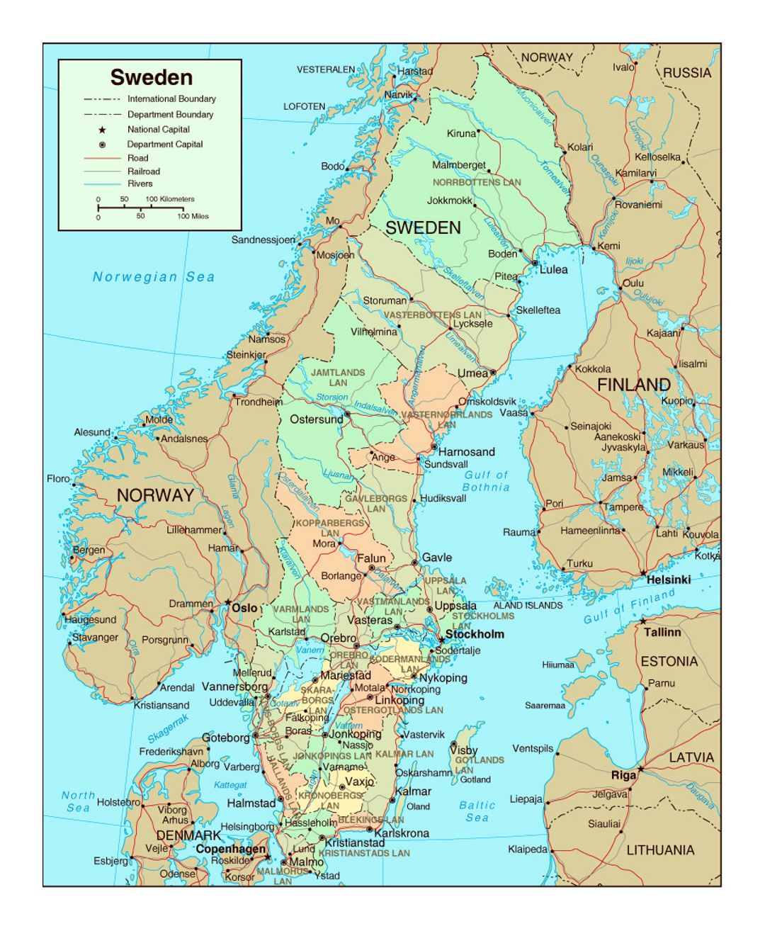 Mapa político y administrativo de Suecia con carreteras y grandes ciudades