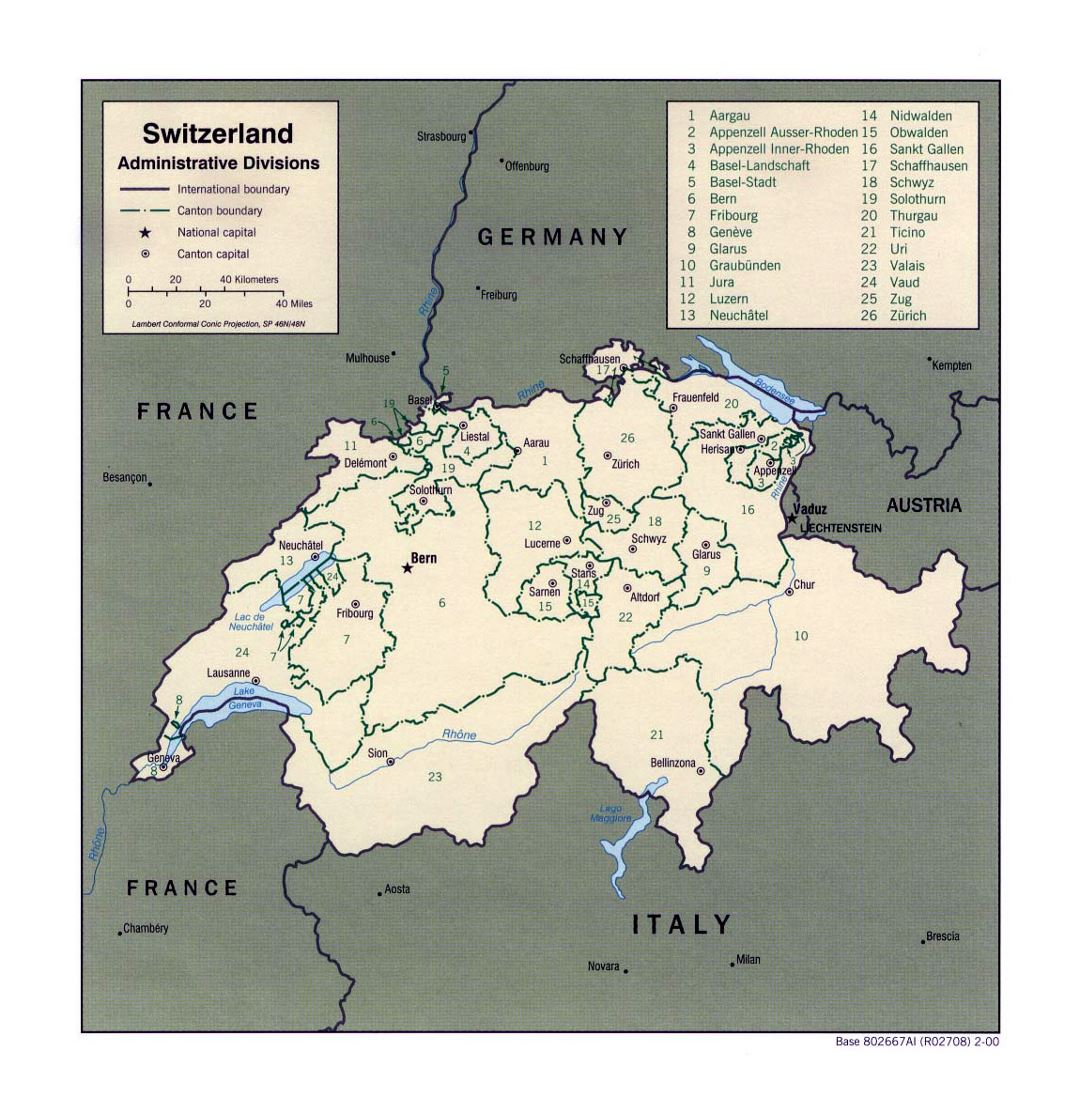 Detallado mapa de administrativas divisiones de Suiza