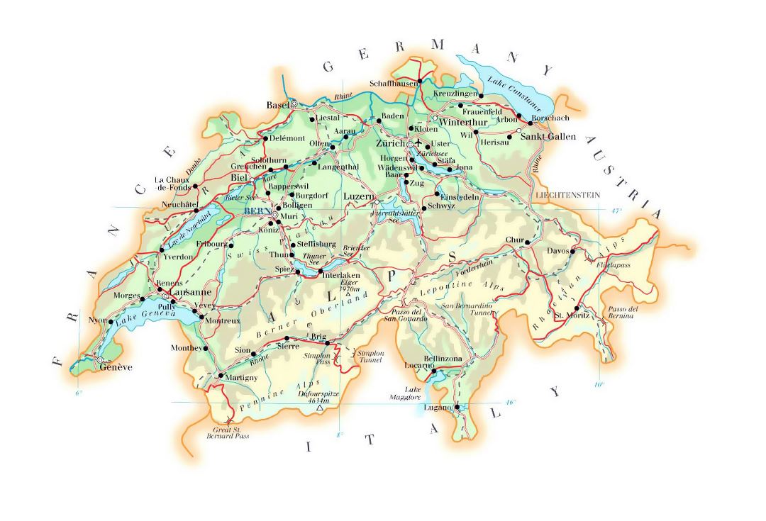 Detallado mapa de elevación de Suiza con carreteras, ciudades y aeropuertos