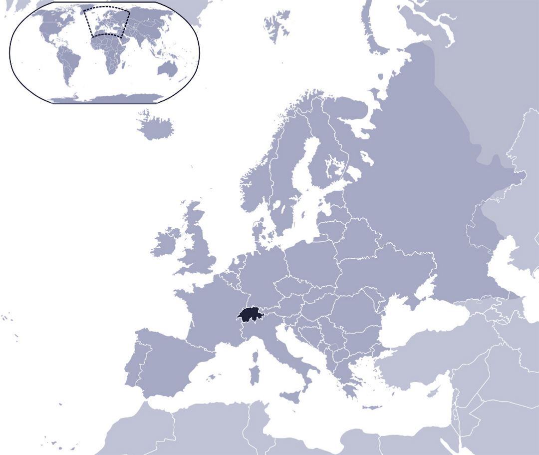 Detallado mapa de ubicación de Suiza en el mapa de Europa